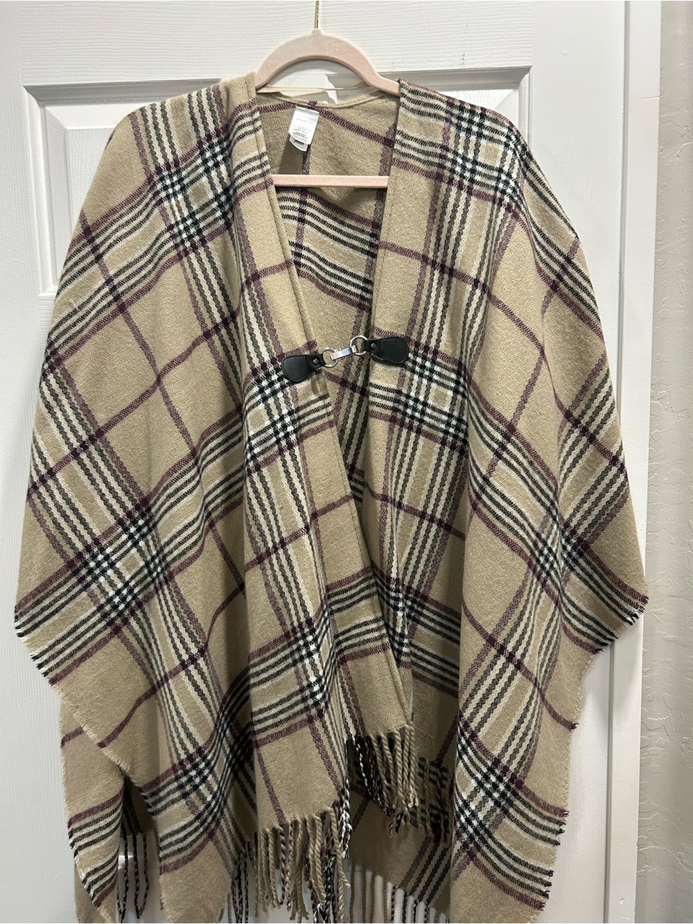 Plaid Fringe Cape Poncho - Beige